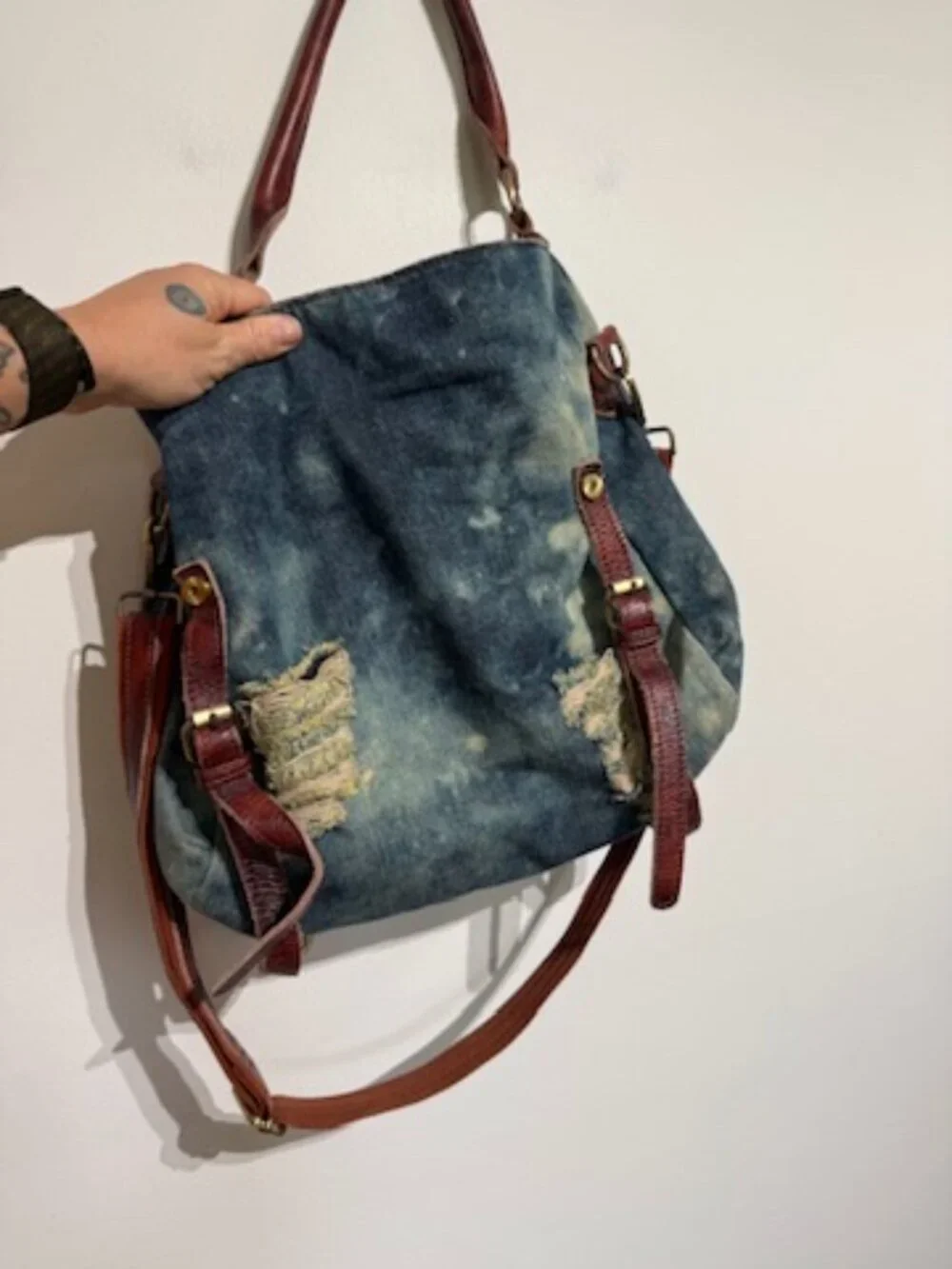 Unique Distressed Denim and Rich Leather Messenger Bag